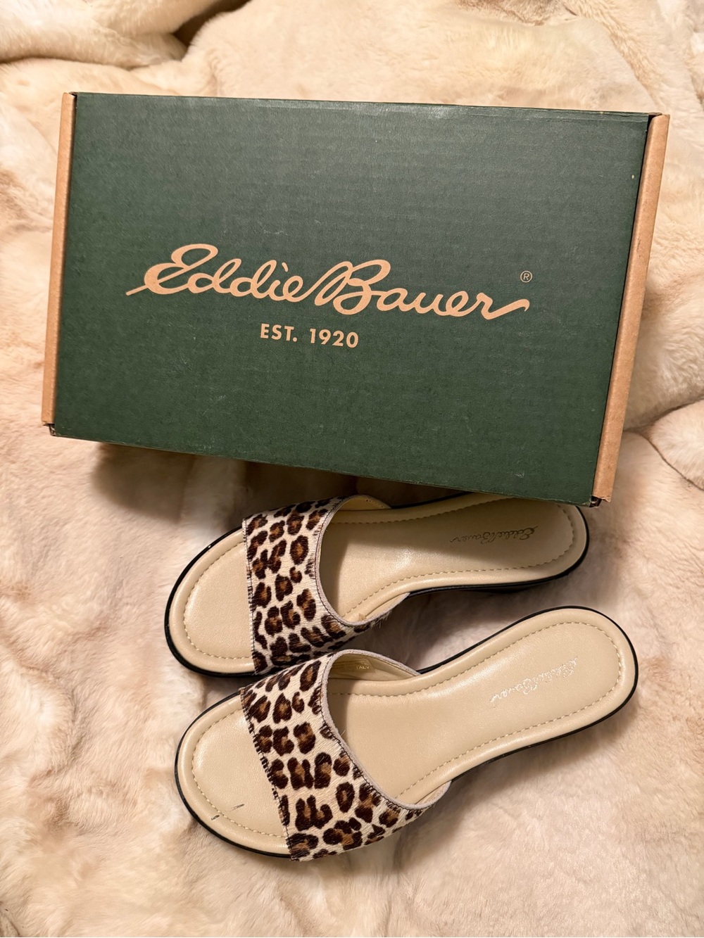 Eddie Bauer Leopard Slide Sandals - Beige and Brown